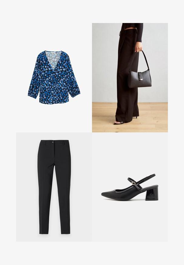 Blusa blu e nera con scollo a V, maniche lunghe a sbuffo e motivo a pois in diverse tonalità di blu. Tessuto leggero con una consistenza morbida.; Pantaloni neri attillati in tessuto liscio, con una vita classica, zip frontale e tasche laterali, dal design elegante e sartoriale.; Décolleté in vernice nera con cinturino dietro, punta affusolata, design con ritagli arrotondati e tacco a blocco. Presenta un accento di fibbia tono oro.; Borsa nera con forma strutturata, texture liscia e una chiusura metallica. Abbinata a pantaloni neri larghi e sandali open-toe su un pavimento in legno.