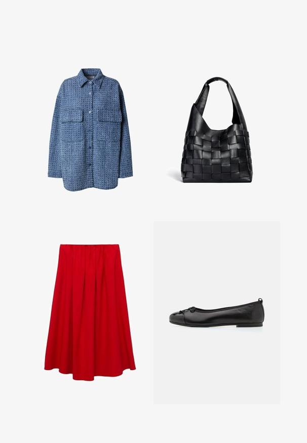 Blauwe geweven overhemdjack met knoopsluiting, gespitse kraag en twee borstzakken. Gestructureerde stof met een subtiel patroon. Ontspannen pasvorm.; Rode, knielange rok met een geraffineerde tailleband en een vloeiende A-lijn ontwerp. Gemaakt van een gladde stof zonder zichtbare patronen of accenten.; Zwart patentleer balletschoen met een ronde neus, voorzien van een klein strikdetail aan de voorkant en een gevoerde binnenzool voor comfort.; Zwarte leren geweven tote bag met een slouchy vorm en een brede schouderriem. Kenmerkt zich door een gestructureerd, verweven ontwerp met een gladde afwerking.