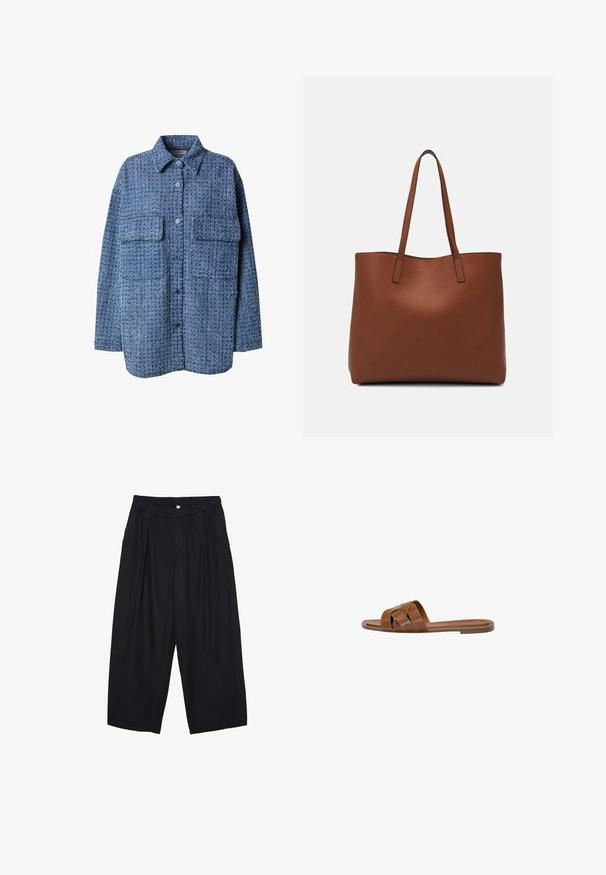 Blue woven shirt jacket with button front, pointed collar, and two chest pockets. Textured fabric features a subtle pattern. Relaxed fit.; Black polyester culotte pants with an elastic waistband, two front pleats, and a loose silhouette. No visible patterns or hardware details.; Brown leather slide sandal with crossed straps, flat sole, and a smooth texture. Simple design without embellishments or patterns.; Brown leather tote bag with a smooth texture, open top design, and two shoulder straps. Features minimal stitching and no visible hardware.