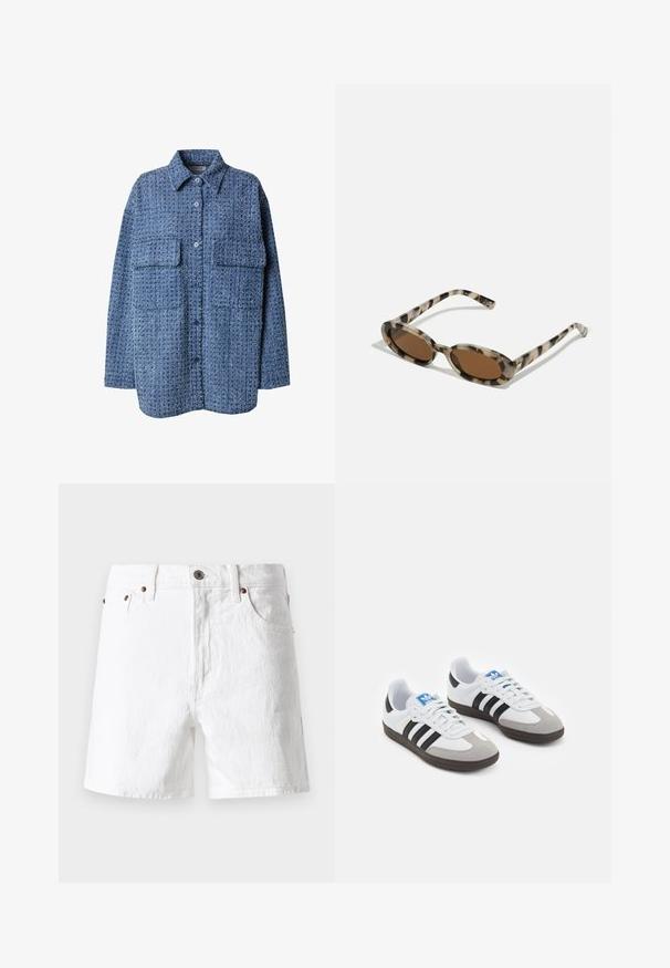 Blue woven shirt jacket with button front, pointed collar, and two chest pockets. Textured fabric features a subtle pattern. Relaxed fit.; White denim shorts with a classic design, five pocket style, copper button accents, and a slightly textured fabric finish.; Sport shoes with a white leather upper, gray suede toe, and three black stripes. Features a blue logo on the tongue and a textured rubber sole.; Tortoiseshell sunglasses with oval lenses, brown tint, and thin patterned sides. Lightweight plastic material with subtle gold accents.