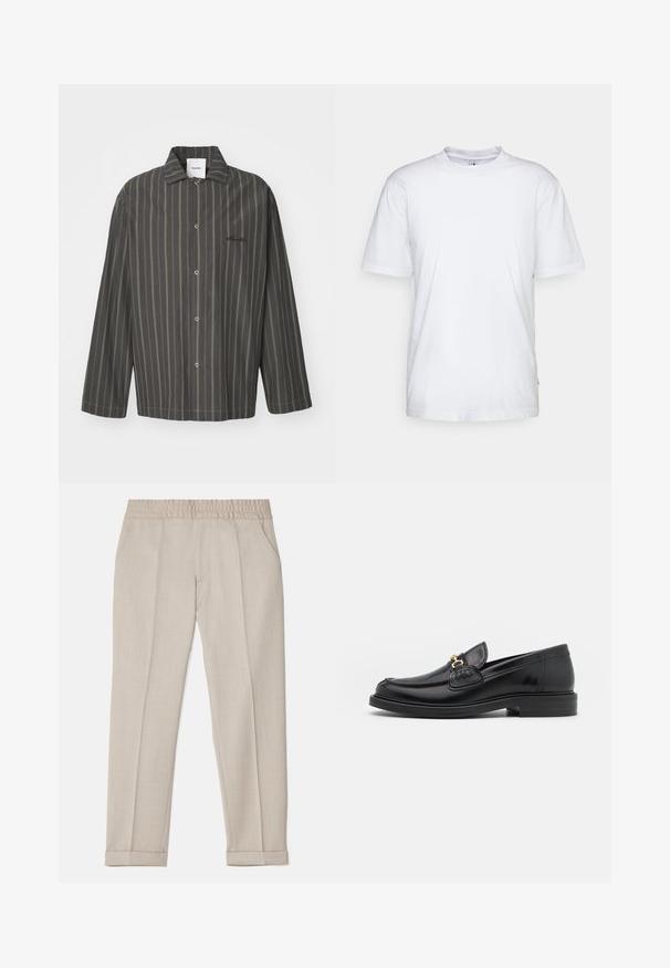 Pruhovaná košeľa na gombíky v tmavošedej farbe s jemnými zelenými akcentmi, s klasickým golierom a dlhými rukávmi, vyrobená z mäkkej látky.; Biela bavlnená tričko s okrúhlym výstrihom, krátkymi rukávmi a rovnými okrajmi. Obsahuje malú značku na bočnom šve na ľavej strane.; Filippa K TERRY CROPPED TROUSERS - Nohavice - sage melange; Čierne kožené loafers so zaoblenou špičkou, s pozlátenými kovovými prvkami a detailným šitím, uložené na nízkej, textúrovanej gumenej podrážke.