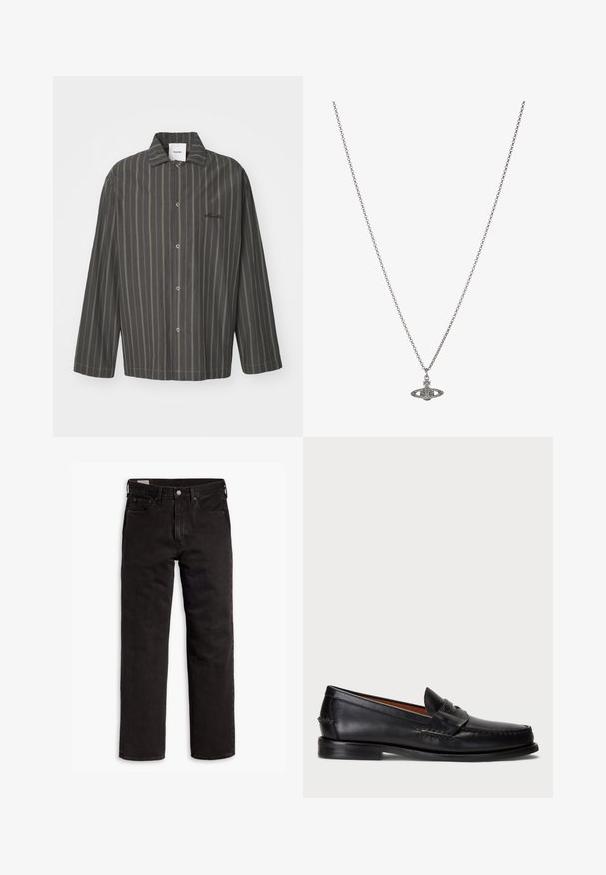 Csíkos gombos ing sötétszürke színben, finom zöld részletekkel, klasszikus gallérral és hosszú ujjakkal, puha anyagból készült.; Fehér pamut póló rövid ujjakkal, kerek nyakkal és diszkrét Levi's logóval a középen. Puha tapintású és szabványos szabású.; Fekete egyenes szárú farmernadrág öt zsebbel, gombos záródással és övhurkokkal, fehér háttéren elhelyezve.; Fekete bőr mokaszin lekerekített orral, varrott részletezéssel és díszes pánttal az elején. Lapos talp minimalista profilal.; Ezüst lánc nyaklánc, részletes, bolygó formájú medállal, kicsi díszítőelemekkel és összetett mintákkal díszítve.