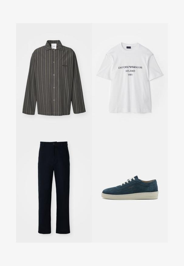 Camicia a righe grigia scura con sottili accenti verdi, dotata di colletto classico e maniche lunghe, realizzata in un tessuto morbido.; T-shirt bianca in cotone a maniche corte, con la scritta "EMPORIO ARMANI MILANO 1981" in caratteri grigio scuro e un logo. Design classico con collo a giro.; Pantaloni color blu navy in cotone, con design a gamba dritta, chiusura con bottone frontale e vita classica con passanti per cintura.; Sneaker in suede blu con punta arrotondata, lacci bianchi e suola in gomma. Presenta cuciture sottili e un'accents branded sul lato.