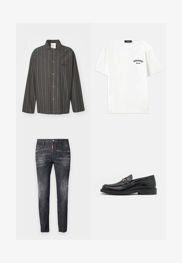 Raidallinen nappikauluspaita tummanharmaana, jossa on hienovaraisia vihreitä yksityiskohtia. Paidassa on klassinen kaulus ja pitkät hihat, ja se on valmistettu pehmeästä kankaasta.; Valkoinen puuvillapaita, jossa on pyöreä kaula-aukko, lyhyet hihat ja musta brodeerattu logo, jossa lukee "DSQUARED2 MILANO" vasemmassa rinnassa.; Tummanharmaat farkut slim fit -mallissa, joissa on hienoinen kulutus, kulumajälkiä reisissä, viisi taskua ja kontrastivärinen punainen etiketti.; Musta nahkainen loafers-tyylinen kengät, joissa on pyöreä kärki, kultaiset yksityiskohdat ja ompelutiedot, asetettu matalalle, teksturoidulle kumipohjalle.