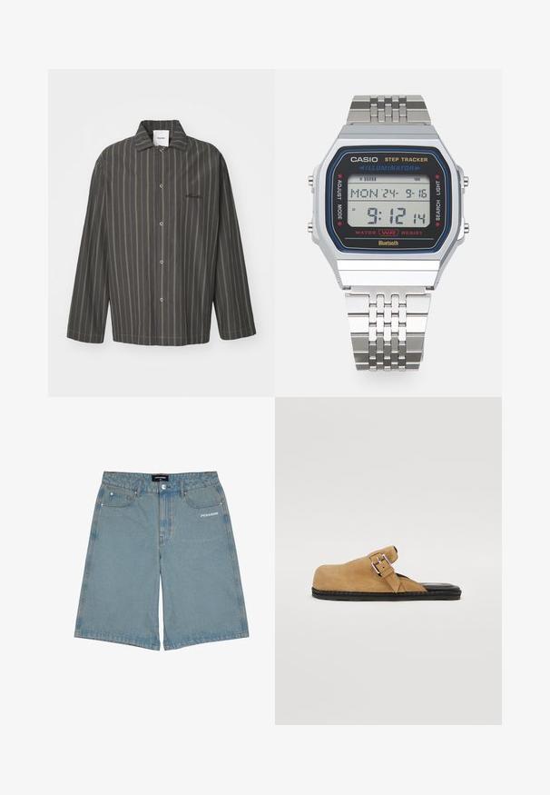 Dryžuota tamsiai pilka marškinėlių su subtiliais žaliais akcentais, turinti klasiką apykaklę ir ilgas rankoves, pagaminta iš minkštos medžiagos.; Šviesiai mėlyni džinsiniai šortai, pasižymintys laisvu siluetu, dviem priekinėmis kišenėmis ir baltu logotipu kairiajame šone. Kraštai nupjauti neapdorotai.; Rudi suede slip-on batai su plokščiu juodu padu, turintys reguliuojamą sagties dirželį ir glotnią vidinę apdailą.; Casio STEP TRACKER UNISEX - Skaitmeninis laikrodis - silver-coloured