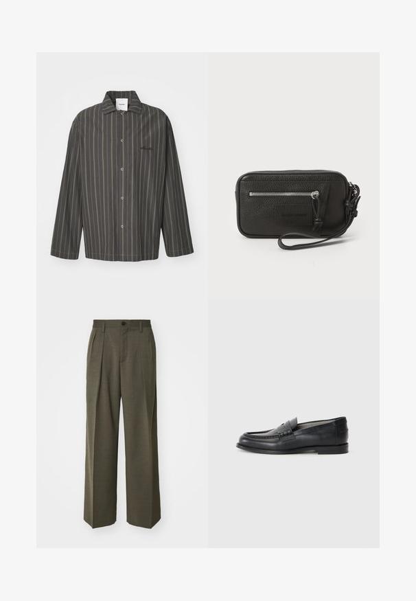 Pruhovaná košeľa na gombíky v tmavošedej farbe s jemnými zelenými akcentmi, s klasickým golierom a dlhými rukávmi, vyrobená z mäkkej látky.; Filippa K WIDE TROUSERS - Nohavice - driftwood; Čierne kožené mokasíny s hladkým povrchom, oválnou špičkou, dekoratívnym pásikom a minimalistickým dizajnom. Majú nízky blokový podpätok.; Čierna kožená kabelka s textúrovaným povrchom, predná zipová vrecko a odnímateľný remienok na zápästie. Obsahuje logo nášivku na prednej strane. Obdĺžnikový tvar.