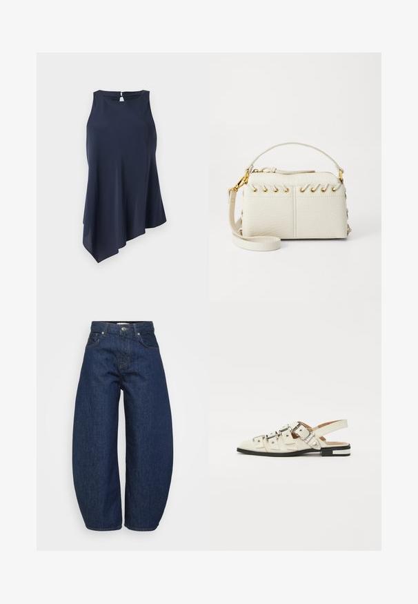 Námořnická modrá bezramínková halenka s asymetrickým lemem, vyrobená z jemné látky. Na zadní straně má otvor ve tvaru klíče. Jednoduchý, elegantní design.; Džíny s vysokým pasem, tmavě modré, široké nohavice, zapínání na přední knoflík a zip, a klasický pětikapsový design.; Sandačky s otevřenou patou z bílé kůže s více širokými popruhy a stříbrnými sponami; plochá podrážka s malým černým podpatkem a metalickými akcenty.; Bílá kabelka z umělé kůže s horním zipem, krátkým uchem a odnímatelným popruhem přes rameno se zlatým kováním. Detail šněrování po stranách.