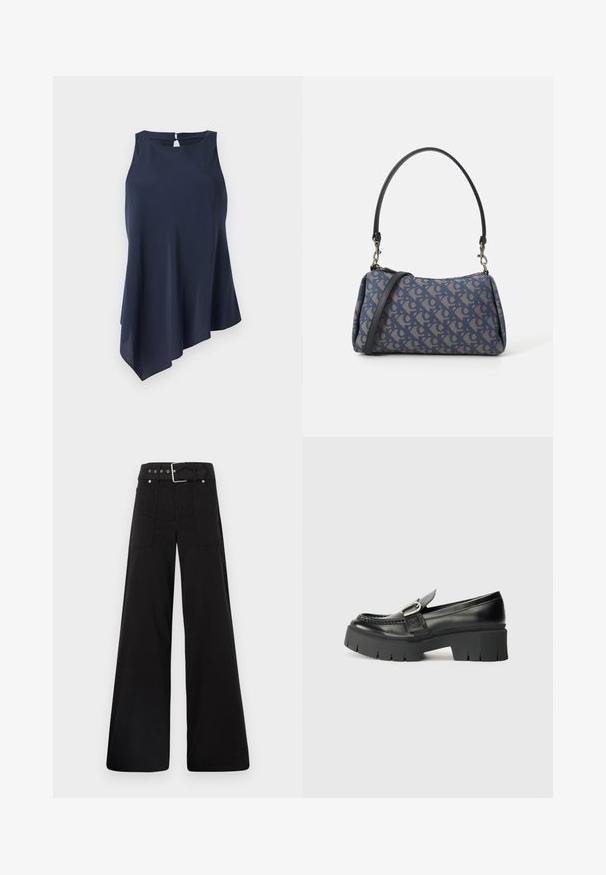 Top sin mangas de color azul marino con dobladillo asimétrico, hecho de una tela suave. Presenta una abertura en forma de ojo de cerradura en la parte posterior. Diseño simple y elegante.; Pantalones de pierna ancha negros, hechos de algodón, con cintura alta, grandes bolsillos laterales y una cintura ceñida con un cinturón que presenta acentos de metal plateado.; Mocasines de cuero negro con una suela de goma gruesa. Presentan un acento de hebilla y un detalle de costura a lo largo de la parte superior. Tacón plano.; Bolso de mano de tela con un patrón azul, que presenta una forma curva, una correa de cuero negra y un diseño de logo en un tono más claro.
