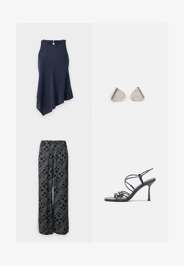 Top senza maniche blu navy con orlo asimmetrico, realizzato in tessuto morbido. Presenta un'apertura a chiave sul retro. Design semplice ed elegante.; Pantaloni a gamba ampia realizzati in tessuto nero con un motivo geometrico bianco. Vita elasticizzata, design fluido e spacchi laterali.; Sandali neri con tacco alto presentano sottili cinturini con design annodato, una punta quadrata liscia e un elegante tacco a spillo.; Orecchini in metallo argentato con forma a goccia liscia e finitura lucida. Incisioni sottili aggiungono dettagli. Design minimalista.