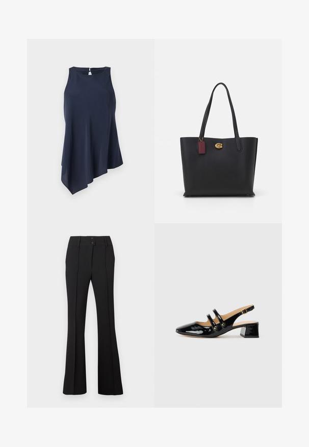 Tumed sinise värvi ilma varrukateta topp, millel on asümmeetriline äär, valmistatud pehmest kangast. Tagaküljel on avamine võtmeaugu kujul. Lihtne ja elegantne disain.; Mustad flared püksid, millel on kaks eesmist nööbi, sujuva ja tekstuuriga kanga ning vertikaalsed õmblused, mis annavad rõivale kohandatud ilme.; Must lääkelipik kingad mustast patendinäpuust, terava nina, kahe rihma detail, kullast ringikujulised aksessuaarid ja madal plokknina.; Must musta kott, millel on kaks pikka sangat, tekstuuriga viimistlus, kuldne riistvara ja burgundi värvi silt. Ruumikas disain avatud ülaosaga.