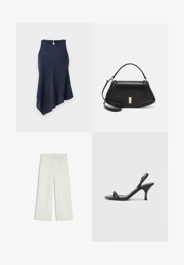 Navy blue sleeveless top with an asymmetrical hem, made of soft fabric. Features a keyhole opening at the back. Simple, elegant design.; Wide-leg pants in light cream fabric, featuring side pockets, a flat front, and a single button closure at the waist. Smooth texture.; Black leather high-heeled sandals with a slim, curved heel and a crossed strap design. Adjustable ankle strap. Smooth texture.; Black leather handbag with a structured design, featuring a cropped shape, top handle, and gold hardware accent. Adjustable shoulder strap included.