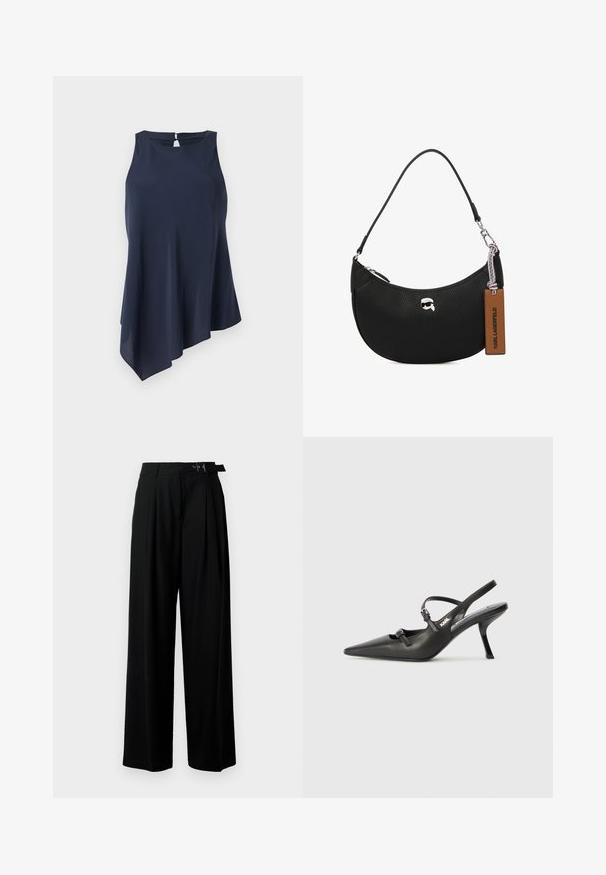 Námořnická modrá top bez rukávov s asymetrickým lemom, vyrobený z jemného materiálu. Obsahuje otvor v tvare kľúčovej dierky na chrbte. Jednoduchý, elegantný dizajn.; Čierne široké nohavice s vysokým pásom, skladmi vpredu a opaskom s prackou. Vyrobené z hladkej, ľahkej textílie.; Čierne kožené slingback topánky na vysokom podpätku s ostrou špicou, štíhlym podpätkom a dekoratívnym detailom s prackou na priehlavku. Hladká textúra a elegantný dizajn.; Čierna kožená kabelka s textúrou jemných bradavíc, zakriveným tvarom, horným zipsom, striebornými kovaniami a hnedou visačkou. Má akcent v podobe loga.