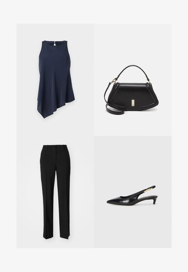 Tamsiai mėlyna be rankovių palaidinė su asimetrine apatine dalimi, pagaminta iš minkštos medžiagos. Turi rakto skylutės atidarymą gale. Paprastas, elegantiškas dizainas.; Juodi pritaikyti kelnių modeliai su tiesiomis kojomis, pasižyminčios lygiomis tekstūromis ir ryškiomis klostėmis priekyje. Nėra matomų detalių.; Juodas odinis pavasario batelių modelis su smailiu nosiu, turintis siaurą kulniuką ir auksinės spalvos akcentu reguliuojamoje juostoje. Lygi tekstūra.; Juoda odinė rankinė su struktūrizuotu dizainu, turi trumpą formą, viršutinę rankeną ir auksinius akcentus. Pridėtas reguliuojamas peties diržas.