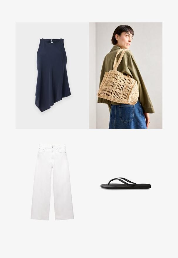 Mørkeblå ærmeløs top med asymmetrisk søm, lavet af blødt stof. Har en nøglehulsåbning bagpå. Enkel, elegant design.; Hvide bredde bukser lavet af bomuld, med høj talje, fem-lomme design og messingdetaljer. Glat, ikke-slidt tekstur.; Sorte flip-flop med en tekstureret gummisål, to slanke stropper og et subtilt, præget logodetalje på stroppen.; Tan vævet hæklet taske med rektangulær form, to brede håndtag og et åbent gittermønster. Designet har struktureret stof og et rummeligt indre.