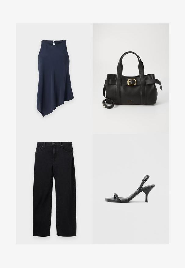 Mørkeblå ærmeløs top med asymmetrisk søm, lavet af blødt stof. Har en nøglehulsåbning bagpå. Enkel, elegant design.; Sorte denimjeans med lige pasform, med knaplukning, fem lommer og diskrete syninger. Glat tekstur.; Sorte læder højhælede sandaler med en slank, buet hæl og et krydset stropdesign. Justerbar ankelrem. Glat tekstur.; Sort læderhåndtaske med et struktureret design, dobbelte toppegreb, guldtonet spændeaccents og præget logo på forsiden.