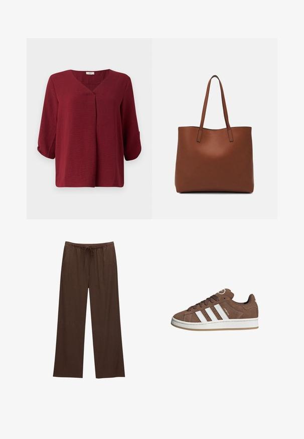 Bordeauxfarbene Bluse mit Dreiviertelärmeln, V-Ausschnitt und FaltenDetail an der Vorderseite. Hergestellt aus leichtem, strukturiertem Stoff mit lockerer Passform.; Braune weite Hosen aus weichem Stoff, mit einem elastischen Bund und Kordelzug sowie zwei Seitentaschen.; Braune Wildledersneaker mit weißen Lederstreifen, Gummisohle, gerundetem Zehenbereich und Schnürung. Mit einem Logo auf der Zunge und perforierten Akzenten.; Braune Leder-Tote mit glatter Textur, offenem Oberteil und zwei Schulterriemen. Verfügt über minimale Nähte und keine sichtbaren Beschläge.