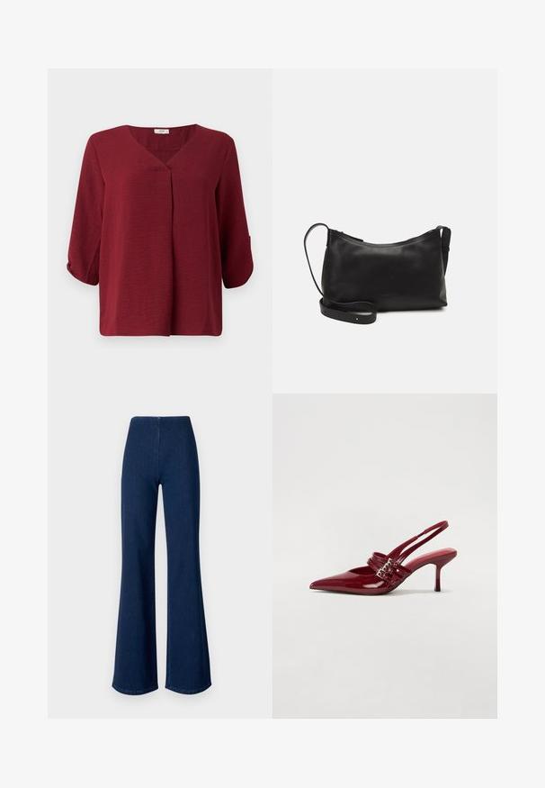 Bordo bluzica s tri četvrtine rukava, s V-izrezom i detaljem nabora sprijeda. Izrađena od lagane, teksturirane tkanine s opuštenim krojem.; Temno modri traper hlače s širokimi nogavicami in elastičnim pasom. Imajo gladko teksturo in širok kroj, ki se razširi do roba.; Rde lakirane sandalete na peto s ostrim nosom, dvema sponkami in tanko, srednje visokim peto središče. Gladka tekstura.; Črna usnjena torba čez ramo z gladko teksturo, ukrivljeno obliko, nastavljivim trakom in zadrgo. Minimalističen dizajn brez okrasnih detajlov.