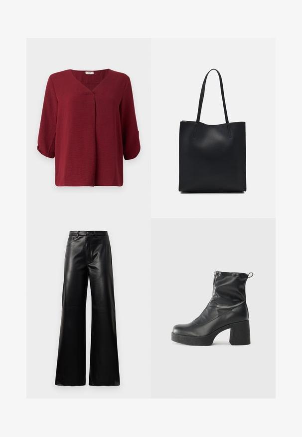 Burgunderfarget bluse med trekvart ermer, V-hals og frontfold. Laget av lett, teksturert stoff med en avslappet passform.; Sorte høy midje vide ben bukser i imitert skinn med knapp foran, glidelås, beltehemper og sidelommer på hvit bakgrunn.; Svarte ankelstøvler laget av glatt lær, med glidelås på siden, chunky strukturert hæl, og rund tå-design.; Svart lær tote bag med glatt tekstur, rektangulær form og to lange håndtak. Ingen synlige deler eller dekorasjoner.