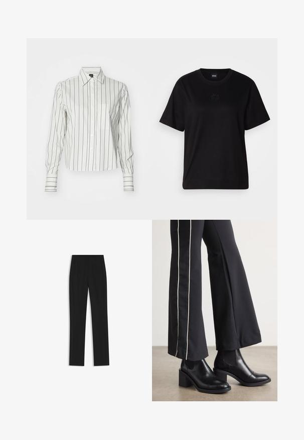 White long-sleeve shirt with thin vertical black stripes, featuring a button-down collar, front pocket, and cuffed sleeves.; Black cotton t-shirt with a crew neckline, short sleeves, and an embroidered logo on the chest. Simple, relaxed fit with no patterns.; Black tailored trousers with a straight-leg design, featuring front pockets and a smooth, textured fabric. Neat, minimal detailing.; Black leather ankle boots with a block heel, featuring elastic side panels. Paired with black pants that have a white side stripe.