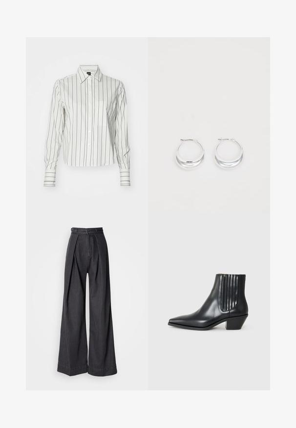 Witte langemouwen shirt met dunne verticale zwarte strepen, met een button-down kraag, een voorkwak en manchetten.; Zwarte denim broeken met wijde pijpen en een hoge taille, voorzien van voorplooien en een klassieke ritssluiting. Strakke, gladde textuur met een nette afwerking.; Zwarte leren enkellaars met spitse neus, elastische zijpanelen met verticale groeven en een lage blokhak. Glad oppervlak en slank ontwerp.; Zilveren creolen met een gepolijste afwerking en DKNY-branding, weergegeven tegen een effen witte achtergrond.