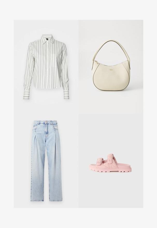 Hvit langermet skjorte med tynne vertikale svarte striper, med krage med knapper, lommesekker foran og mansjetter med knapper.; Lyseblå denimjeans med høy livlinje, vide ben, to sidelommer og plisserte detaljer. Myk tekstur med en falmet finish.; Rosa glidesandaler med doble justerbare borrelåser, teksturert stoffoverdel og en robust, tykk såle med dype spor.; Kremfarget håndveske med teksturert overflate, buet form, kort håndtak og gullfarget logo. Glidelås lukking på toppen.