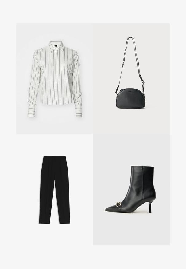 Camicia bianca a maniche lunghe con sottili strisce verticali nere, dotata di colletto a camicia, taschino frontale e maniche con polsini.; Pantaloni neri a taglio dritto, con doppie pieghe, una texture liscia e un design classico in vita. Nessun hardware o dettaglio visibile.; Stivale alla caviglia in pelle nera con punta affusolata, tacco sottile di media altezza e dettaglio in fibbia argentata sul lato, su sfondo semplice.; Borsa a tracolla in pelle nera di forma arrotondata, con due cinturini regolabili e un logo sottile sulla parte anteriore. Esterno testurizzato, design minimalista.