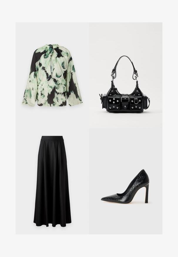 Bluză cu mânecă lungă, dintr-un material ușor, având o bază neagră cu un model floral abstract verde și un guler cu fundă.; Fustă neagră, până la podea, cu o textură netedă, talie lată și design plisat, fără modele vizibile sau embellismente.; Pantofii cu toc înalt, ascuțiți, de culoare neagră, cu textură de piele de crocodil, având un design elegant, toc în stil stiletto și interior neted de culoare neagră.; Geantă de piele neagră cu un design curbat, dotată cu studuri argintii, o cataramă și două buzunare laterale. Curea ajustabilă pentru opțiuni de transport.