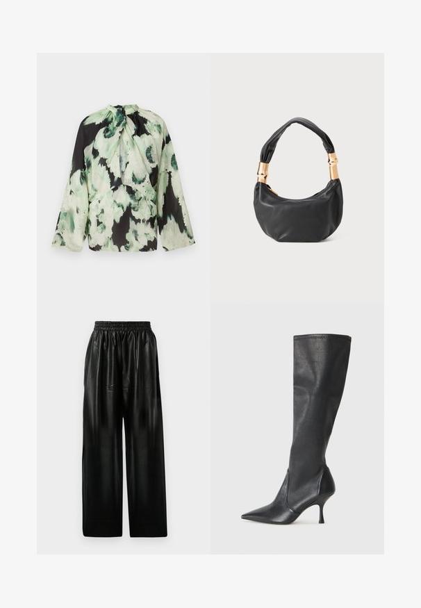 Ilgi piedurkņu blūze no viegla auduma, ar melnu fonu un zaļu abstraktu ziedu rakstu, kā arī kakla saites dizainu.; Melna ādas plata kāju bikses ar elastīgu jostu, ar divām sānu kabatām un gludu, spīdīgu tekstūru.; Ceļa auguma melni ādas zābaki ar smailu purngalu un šauru stiletto papēdi. Gluda tekstūra ar pieguļošu dizainu un izšuvumiem augšējā malā.; Melnas ādas rokassoma ar apaļu formu, mīkstu tekstūru un mezgla rokturi, kas rotāts ar zelta tonētiem aksesuāriem. Ar rāvējslēdzēja aizdari.