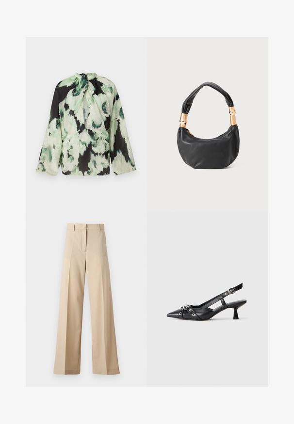 Long-sleeve blouse in lightweight fabric, featuring a black base with a green abstract floral pattern and a tie neck design.; Beige wide-leg trousers made of smooth fabric, featuring a flat front with pleats, a zip fly, and belt loops. Tailored fit overall.; Black leather slingback shoe with a pointed toe, decorative straps featuring metal eyelets, and a low block heel. Textured surface.; Black leather handbag with a round shape, soft texture, and a knotted handle featuring gold-tone hardware accents. Zipper closure.