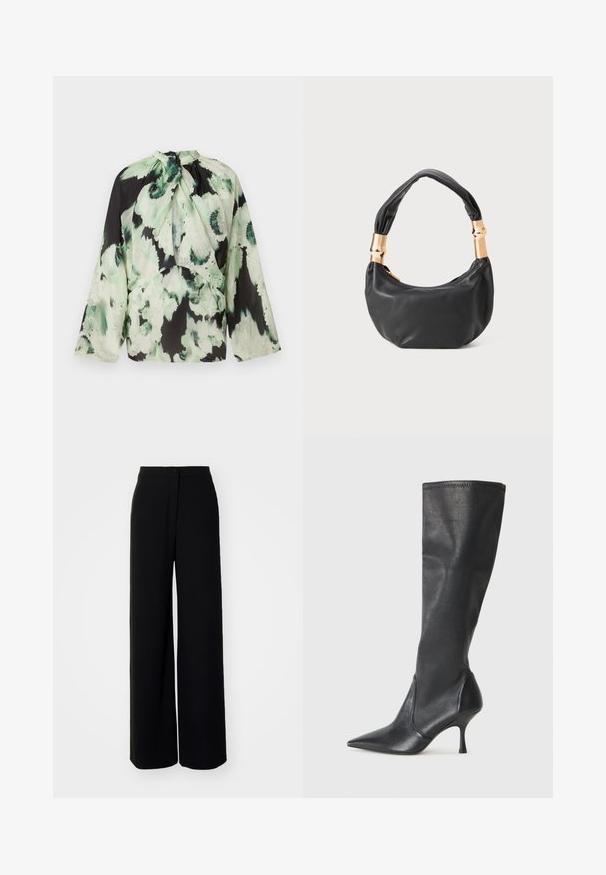 Ilga rankovė blouse pagaminta iš lengvos medžiagos, su juodu pagrindu, ant kurio yra žalias abstraktus gėlių raštas ir kaklo raištelis.; Juodos plačios kelnės su aukštu liemeniu, lygios medžiagos, priekyje užsegamos mygtuku, be matomų kišenių, pasižyminčios pritaikytu siluetu.; Juodų odinių batų iki kelių su smailiu pirštu ir plonu stiletto kulnu. Lygus paviršius, pritaikytas dizainas ir siuvimas viršutiniame krašte.; Juodas odinis rankinukas apvalios formos, minkštos tekstūros su susietu rankena ir auksinės spalvos detalėmis. Užtrauktuko uždarymas.