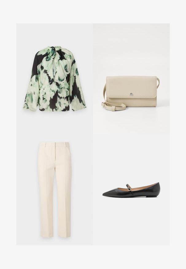Blusa a maniche lunghe in tessuto leggero, con una base nera decorata da un motivo floreale astratto verde e un design con nodo al collo.; Pantaloni beige su misura con design a gamba dritta, due pieghe frontali e cintura piatta. Realizzati in un tessuto liscio. Nessuna tasca visibile.; Ballerine in pelle nera con punta affusolata e una cinturino laterale con un accento circolare dorato. Leggere e con suola piatta.; Borsa a spalla in pelle beige con chiusura a patta, hardware in argento e tracolla removibile. Texture liscia e forma rettangolare semplice.