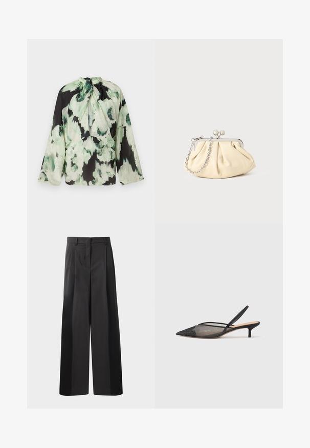 Blusa a maniche lunghe in tessuto leggero, con una base nera decorata da un motivo floreale astratto verde e un design con nodo al collo.; Pantaloni neri a gamba larga con vita alta, caratterizzati da pieghe frontali, una texture liscia e una finitura sartoriale. Progettati per un fit rilassato.; NEOUS IRENA - Decolleté - black; Clutch in pelle beige plissettata con una struttura in metallo argento, dotata di due chiusure decorative rotonde e una tracolla in catena argentata.