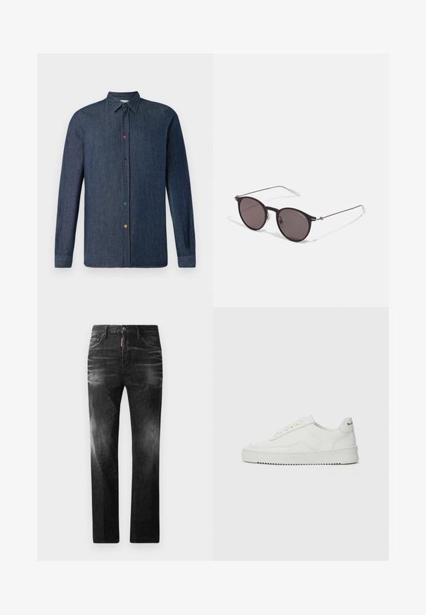 Donkerdenim shirt met lange mouwen, klassiek kraag en levendige meerkleurige knopen aan de voorkant. Gladde textuur.; Zwarte denim jeans met een rechte pasvorm. Beschikt over vervaagde gebieden, lichte slijtage, klassiek vijf-pocket ontwerp en een knoopsluiting.; Witte leren sneaker met een gladde afwerking, ronde neus, platte veters en een gestructureerde zool. Kenmerkt zich door een subtiel logo op de hiel.; Zwarte ronde zonnebril met donkere lenzen en slanke metalen armen. Inclusief heldere tempelpunten en zilveren accenten bij de scharnier. Minimalistisch ontwerp.