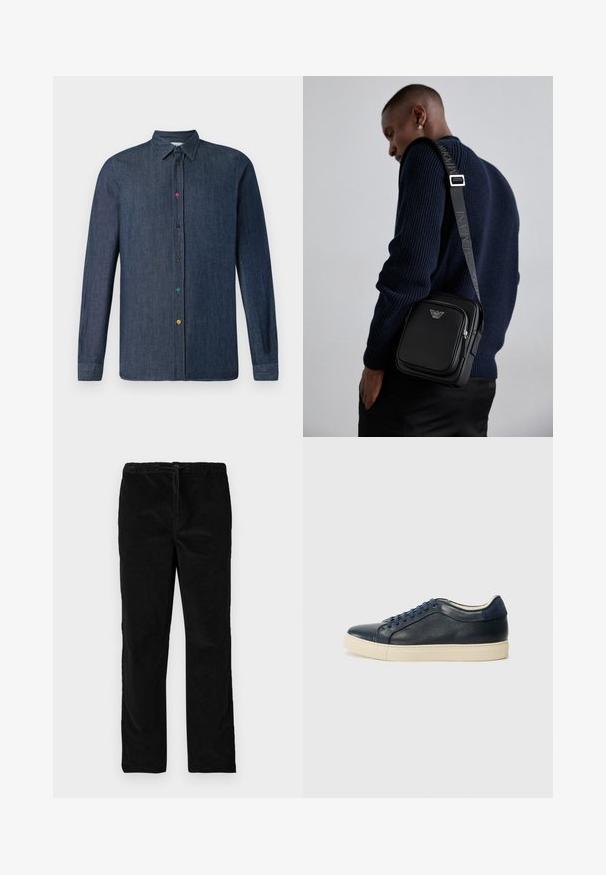 Σκούρο τζιν πουκάμισο με μακριά μανίκια, κλασικό γιακά και ζωντανά πολύχρωμα κουμπιά κατά μήκος του μπροστινού μέρους. Λείος ιστός.; Μαύρο σατέν παντελόνι καμπάνα με ελαστική ζώνη και κορδόνι στη μπροστινή πλευρά, αναδεικνύεται σε λευκό φόντο.; Σκούρο μπλε δερμάτινο αθλητικό παπούτσι με κρεμ λαστιχένια σόλα, διαθέτει μπλε κορδόνια και λεία υφή. Στρογγυλή μύτη και μινιμαλιστικός σχεδιασμός.; Μαύρη δερμάτινη τσάντα χιαστί με χώρο με φερμουάρ, λεπτομέρεια λογότυπου και ρυθμιζόμενη λωρίδα με επωνυμία. Φοριέται πάνω από ένα υφασμάτινο ναυτικό πουλόβερ.