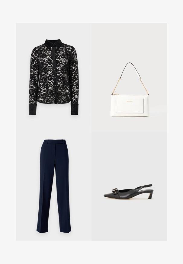 Svart blondebluse med lange ermer, en strukturert krage, knappede front og teksturerte fløyelsmanchetter. Har blomsterløsninger gjennom hele.; Marineblå dressbukser laget av glattsydd stoff, med rett ben-design, beltehemper i livet og frontfolding.; Svarte skinn slingback-sko med spiss tå, liten hæl og dekorativ spenne-detalj på overdelen. Glatt tekstur, minimalistisk design.; Hvit lærveske med teksturert overflate, utstyrt med gullkjede for å bære over skulderen og svarte detaljer. Inkluderer en frontlomme og glidelås.