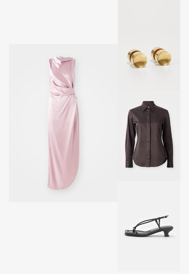 Ciemnobrązowa, długą rękawem, koszula z guzikami z wyprofilowanym kołnierzykiem i ukrytym zapięciem na białym tle.; Sukienka w kolorze różowym o jedwabistym wyglądzie z drapowanym fasonem, z węzłem w pasie i bocznym rozcięciem dla większej swobody ruchu. Gładka tekstura.; Czarne skórzane sandały z cienkimi paskami, niskim blokowym obcasem i kwadratowym noskiem. Posiadają zapięcie na klamrę i gładką teksturę.; Złote metalowe kolczyki o prostym, okrągłym kształcie, z gładkim wykończeniem i centralnym wypolerowanym pasem. Mają średnicę około 1 cm.
