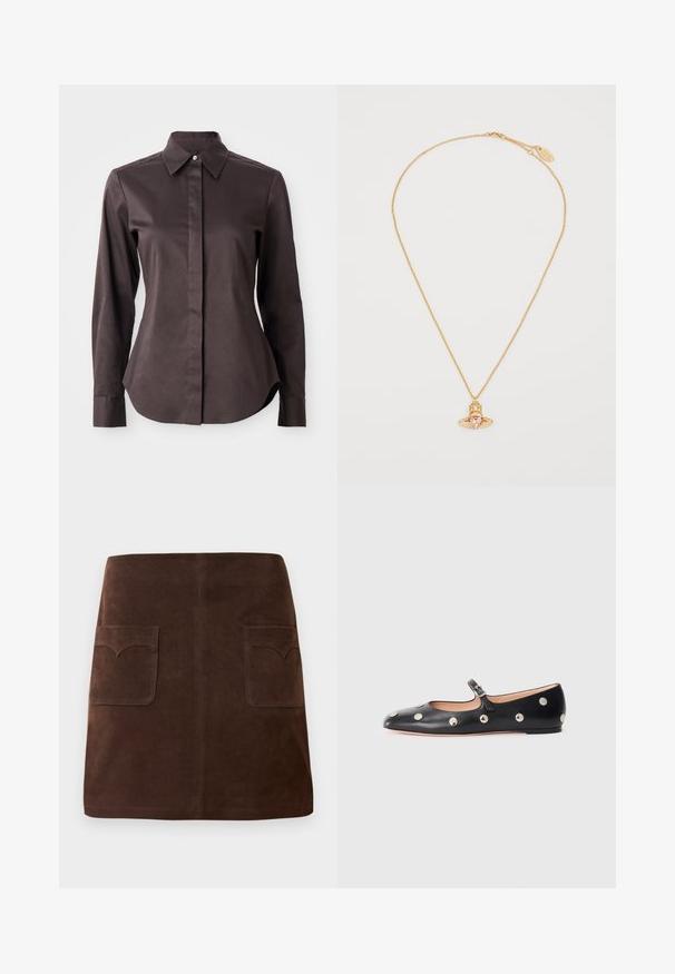 Donkerbruin langemouw overhemd met knoopsluiting en puntige kraag op een witte achtergrond.; Bruin suède rok met een klassieke A-lijn vorm, twee voorzakken met ronde kleppen en subtiele stikdetails.; Zwarte leren Mary Jane ballerina met een ronde neus, voorzien van zilveren ronde studs en een verstelbaar bandje met een gesp.; Gouden ketting met een hartvormige roze edelstenen hanger met een geometrisch ontwerp en kleine heldere accenten.