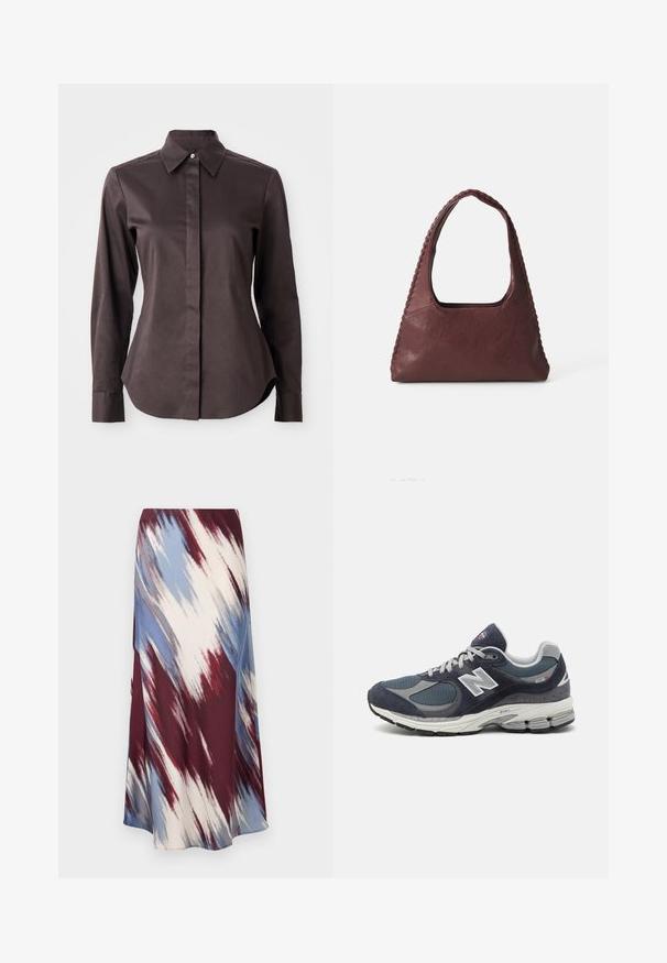 Dark brown long-sleeve button-up shirt with pointed collar and concealed placket on a white background.; Long-sleeve striped polo shirt in burgundy and white, featuring a collar, three-button placket, and embroidered logo on the chest.; Long skirt featuring a diagonal tie-dye pattern in burgundy, blue, and cream, made of soft fabric with a flowing silhouette and slight sheen.; New Balance sneakers with a navy mesh and suede upper, gray accents, white logo, cushioned sole, and textured detailing.; Burgundy leather handbag with a triangular shape, open top, and braided detail along the handle. Smooth texture with a matte finish.