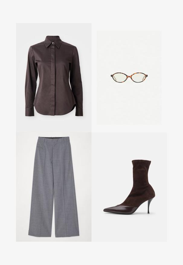 Mørkebrunt langærmet skjorte med knaplukning, spidse krave og skjult knappelukning på hvid baggrund.; MM6 Maison Margiela PANTS - Bukser - grey melange; Brune ruskinds ankelstøvle med spids tå og blank bordeauxlakeret tåhætte, der har en slank stilettohæl og tekstureret overdel.; Skildpaddebriller med ovale linser og en elegant, glat finish. Har tynde sider med en subtil kurve ved tindingerne. Klare linser.