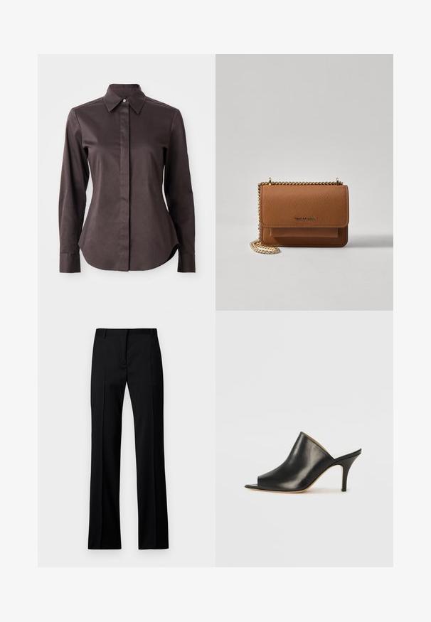 Dunkelbraune Langarmhemd mit Knopfleiste, spitzem Kragen und verdeckter Knopfleiste auf weißem Hintergrund.; Schwarze gerade geschnittene Hosen aus glattem Stoff, mit flachem Bund, Gürtelschlaufen und ohne sichtbare Taschen oder Verzierungen.; Schwarze Leder- offene Zehen-Mules mit einem eleganten, geschwungenen Design, hohem Stiletto-Absatz und glatter Textur. Das Innere weist eine kontrastierende hellere Farbe auf.; Braune strukturierte Ledertasche mit goldener Kettenriemen und Klappenverschluss. Die Vorderseite zeigt ein Logo-Detail und eine Tasche unter der Klappe.