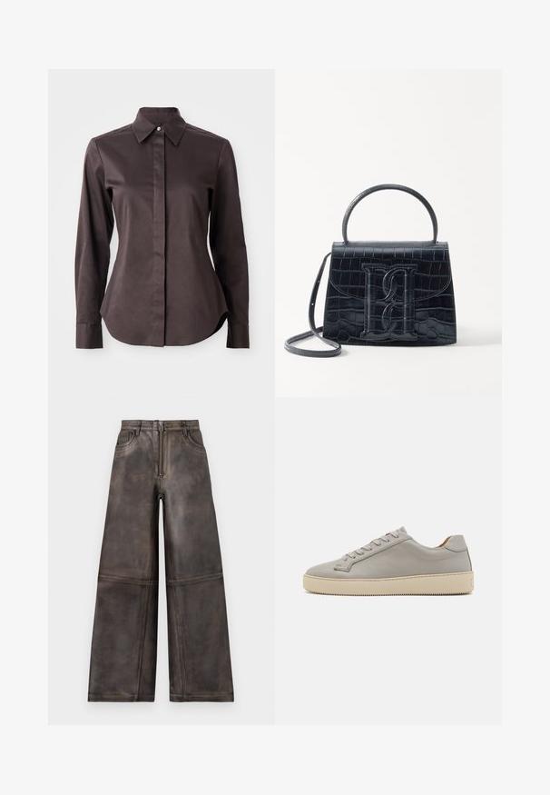 Tmavo hnedá košeľa s dlhým rukávom, gombíkmi a špicatým golierom, s ukrytým zapínaním na bielom pozadí.; Široké nohavice vyrobené z hnedého kože, s textúrovaným povrchom, s predným zipsom, pútkami na opasok a diskrétnymi bočnými vreckami.; Svetlosivé kožené tenisky s okrúhlou špičkou, tónovými šnúrkami a béžovou gumovou podrážkou. Vyznačujú sa minimálnym prešívaním a hladkým povrchom.; Čierna kabelka z krokodílovej embosovanej kože so štruktúrovaným dizajnom, horným uchom, nastaviteľným popruhom a výrazným predným logom.