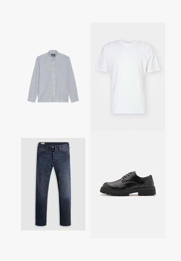 Blå og hvit stripete skjorte med knapper, spredt krage, lange ermer og plastknapper. Myk stoff med vertikale mønsterdetaljer.; Hvit bomull T-skjorte med korte ermer, rund hals og en jevn tekstur. Enkel design uten mønstre eller grafikk.; Mørkeblå denimjeans med rett ben, med glidelås, metallknapper og kobbernitter. Glatt tekstur, ingen synlige mønstre.; Sorte lær sko med rund tå, snøring og en tykk, teksturert gummisåle. Har søm langs kanten og en glatt overflate.