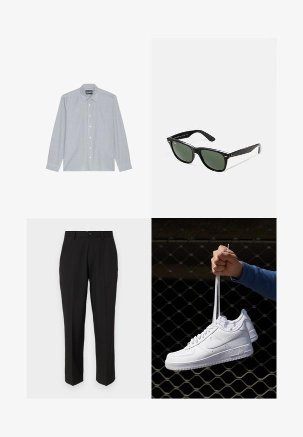 Blue and white striped button-up shirt with a spread collar, long sleeves, and plastic buttons. Soft fabric with vertical pattern detail.; Black trousers made of smooth fabric, featuring a straight leg design, front pockets, a single button closure, and no visible patterns.; White leather sneakers with perforations, round toe, flat sole, and thick laces, featuring a visible swoosh logo and "AIR" on the heel.; Black plastic sunglasses with green lenses, square frames, silver accent on the brow, and textured temple arms. Stated brand on inner arm.
