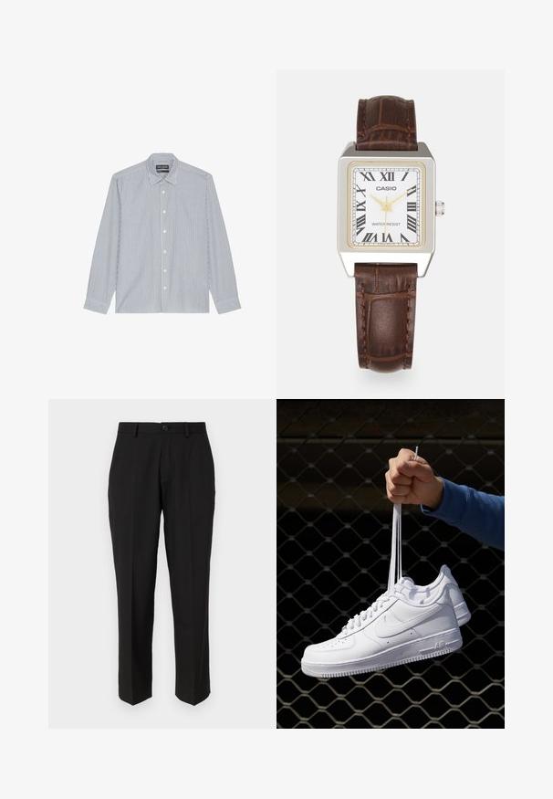 Blauw-witte gestreepte Button-up shirt met een spread collar, lange mouwen en plastic knopen. Zachte stof met verticale patroon details.; Zwarte broeken van soepele stof, met een rechte pijpconstructie, vo pockets, een enkele knoopsluiting en geen zichtbare patronen.; Witte leren sneakers met perforaties, ronde neus, vlakke zool en dikke veters, met een zichtbare swoosh-logo en "AIR" op de hiel.; Casio rechthoekige horloge met een witte wijzerplaat, gouden accenten, Romeinse cijfers en een bruine lederen band met krokodillenpatroon. Waterbestendig ontwerp.