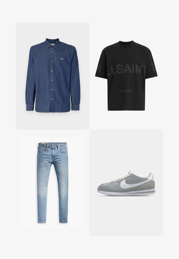 Camicia in denim blu scuro a maniche lunghe con colletto a bottoni, bottoni frontali e un piccolo logo verde sul petto.; T-shirt nero oversize con il testo grigio scuro "ALLSAINTS" sul petto e "LONDON" in lettere più piccole sottostante.; Jeans slim fit blu chiaro con leggere sfumature sulle cosce, chiusura con bottone anteriore, passanti per cintura e cinque tasche su uno sfondo bianco.; Scarpa sportiva grigia con tomaia in camoscio e tessuto, swoosh Nike bianco e lacci bianchi. Presenta una suola in gomma testurizzata e un collare imbottito.