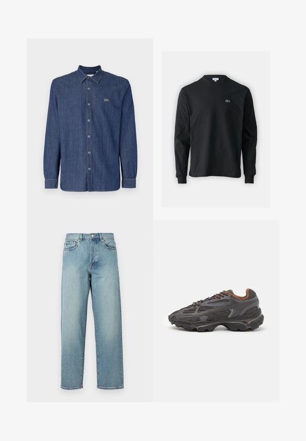 Tumma sininen farkkukangaspaita pitkillä hihoilla, jossa on napitettava kaulus, etunapit ja pieni vihreä logo rinnassa.; Musta pitkähiha t-paita, joka on valmistettu puuvillasta. Paita on varustettu pyöreällä kaula-aukolla ja vasemmassa rinnassa on pieni vihreä brodeerattu krokotiililogo.; Vaaleansiniset farkut, joissa on löysä malli, suorat lahkeet, viisi taskua ja nappikiinnitys vyötäröllä. Minimalistinen ommel yksityiskohta.; Lacoste-tennar i mörkgrått med nät- och syntetmaterial, med en texturerad sula och bruna accenter på kragen och märket.