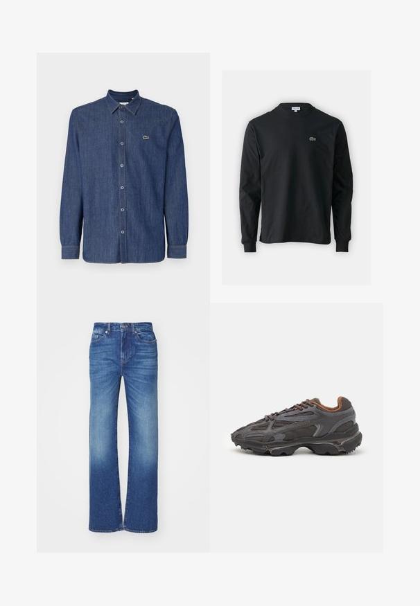 Tumši zila denima garām piedurknēm krekls ar pogājamu apkakli, priekšējo pogu un mazu zaļu logotipu krūtīs.; Melna garām piedurknēm t-krekls, izgatavots no kokvilnas, ar apaļu kakla izgriezumu un mazu zaļu izšūtu krokodila logo kreisajā krūtī.; Zilā džinsu bikses ar taisnu kāju dizainu, kas raksturojas ar izbalējušu mazgāšanu, piecām kabatām un pogu un rāvējslēdzēja aizdari jostasvietā.; Lacoste kedas tumši pelēkā krāsā ar acu audumu un sintētisko materiālu, ar teksturētu zoli un brūniem akcentiem apkaklītē un zīmola uzrakstā.