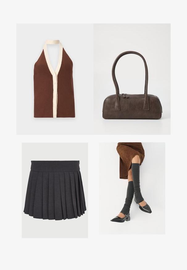 Top halter, de culoare maro, cu dungi, având un decolteu adânc în formă de V, margini de culoare crem și un sistem de închidere cu butoane pe față, cu cinci butoane. Textură moale.; Fustă plisată gri cu talie plată și închidere cu fermoar, confecționată dintr-un material texturat, având plisuri adânci uniform distribuite.; Pantofi negri din piele lacuită, cu vârful ascuțit, toc bloc și curea la glezna, asortați cu jambiere gri cu nervuri și o fustă din suede maro.; Geantă de mână din piele maro, cu două mânere rezistente, formă rectangulară, textură netedă și închidere cu fermoar. Design minimalist, fără modele vizibile.