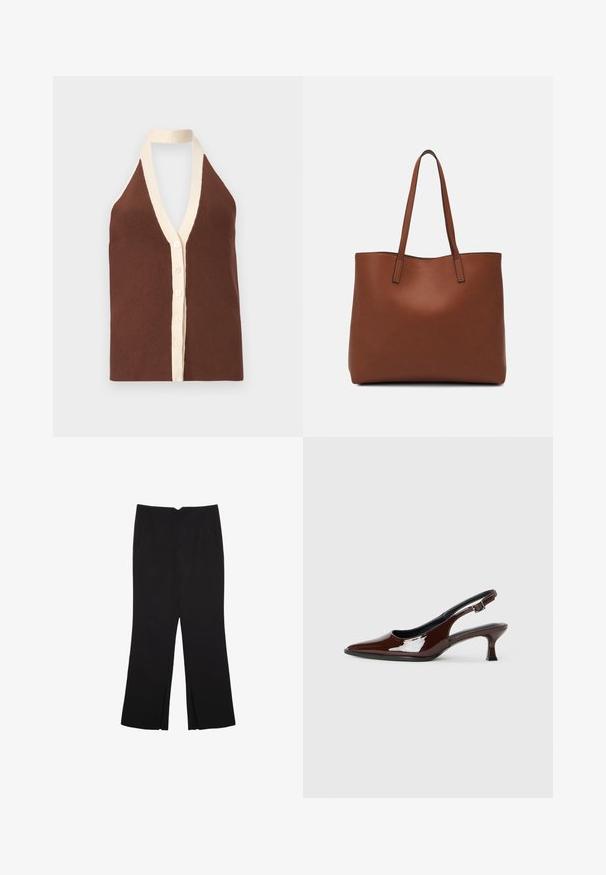 Brun ribbet halterneck-top med en dyb V-udskæring, cremefarvet kant og en knaplukning foran med fem knapper. Blød tekstur.; Sorte bukser med lige pasform, der har frontlommer og slidser i kanten. Lavet af blødt, glat stof. Velegnet til forskellige anledninger.; Brun patenteret læder slingback sko med spids tå og en moderat hæl. Har en spænde rem for en sikker pasform. Glat tekstur.; Brun læder tote taske med en glat overflade, åben topdesign og to skulderremme. Har minimal syning og ingen synlig hardware.