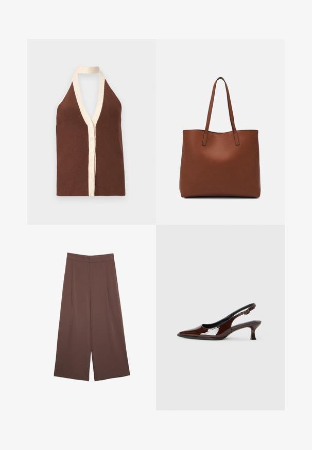 Bruine geribbelde haltertop met een diepe V-hals, crème-kleurige bies en een knoopsluiting met vijf knopen. Zachte textuur.; Bruine wijde broek met een gladde textuur, voorzien van een hoge taille en plooien aan de voorkant. De stof is lichtgewicht en valt losjes.; Bruine gepatineerde leren slingback-schoen met een spitse neus en een gematigd hakje. Voorzien van een gespsluiting voor een veilige pasvorm. Glad van textuur.; Bruine leren tote bag met een gladde textuur, een ontwerp met een open bovenkant en twee schouderbanden. Kenmerkt zich door minimale stiksels en geen zichtbare hardware.